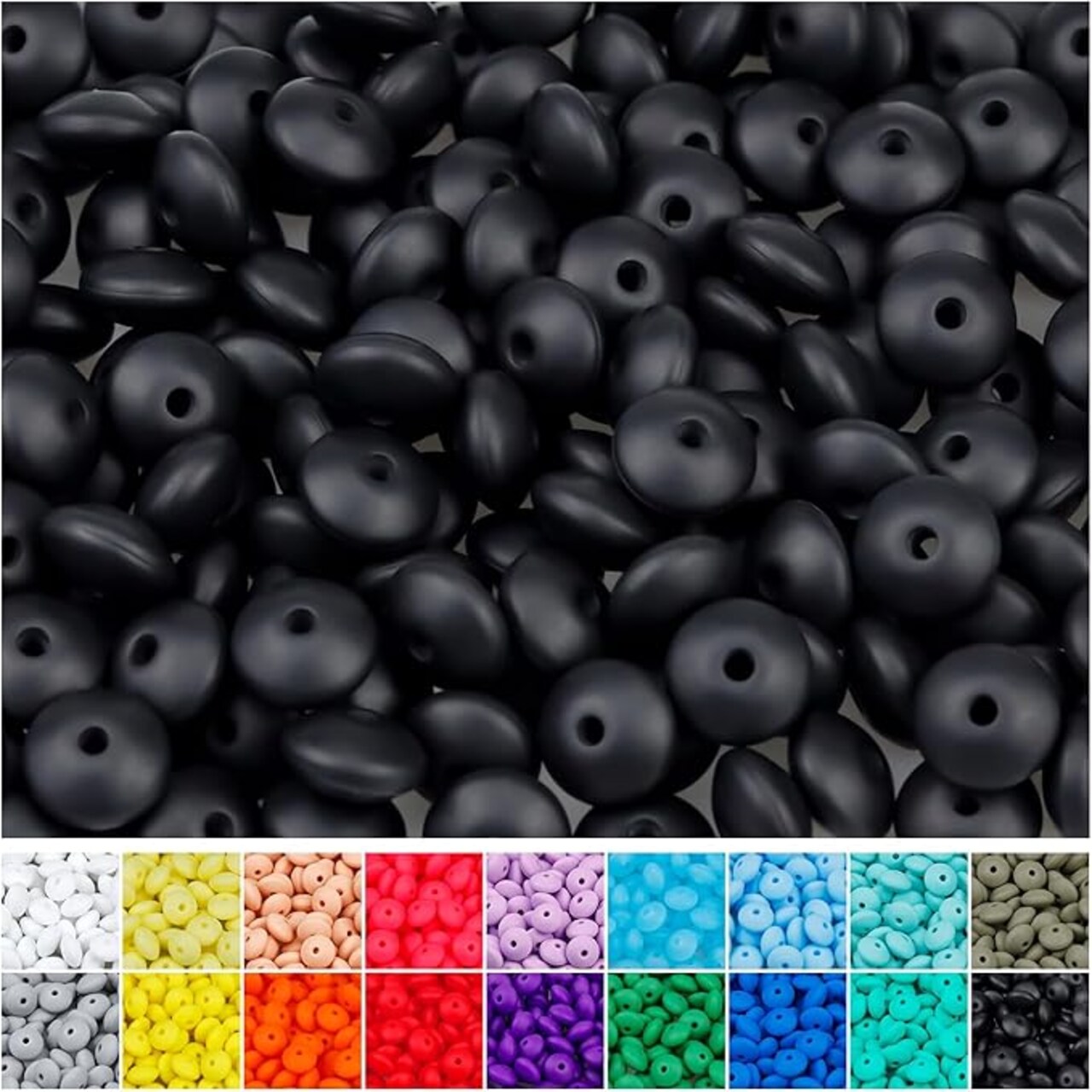 180PCS Silicone Lentil Beads, 12mm Silicone Abacus Focal Beads Bulk Colorful DIY Loose Beads for Bracelet Necklace Crafts Pen Making(Black)…